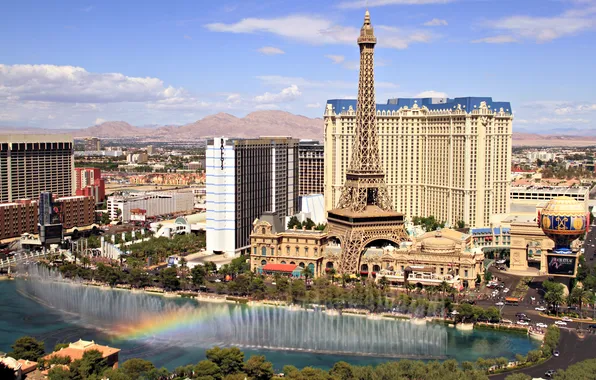 Picture rainbow, Las Vegas, fountain, USA, Nevada, music, hotels, Eiffel tower (copy)