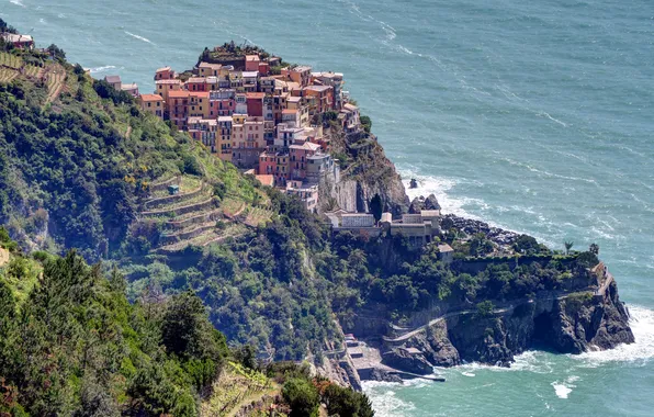Sea, landscape, rocks, home, Italy, Manarola, Cinque Terre, Liguria
