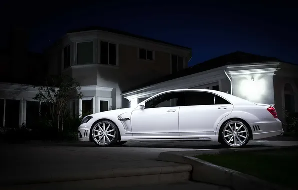 Picture white, night, house, tuning, Mercedes Benz, Mercedes, S Class
