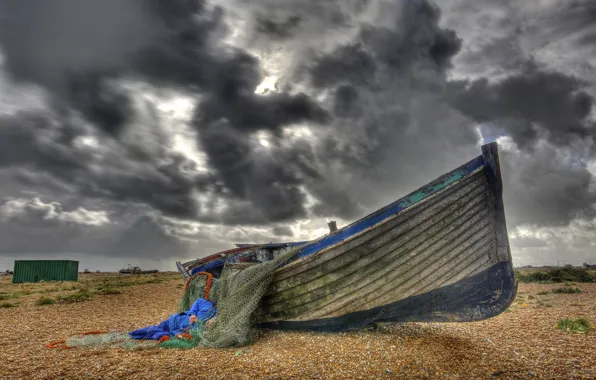 Clouds, network, shore, boat, fisherman