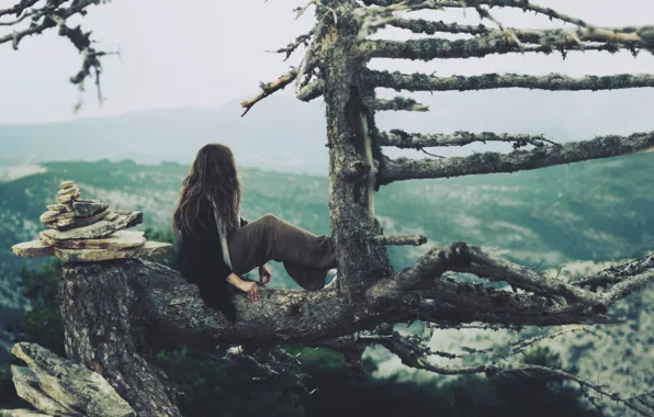 Girl, nature, tree, mood, view