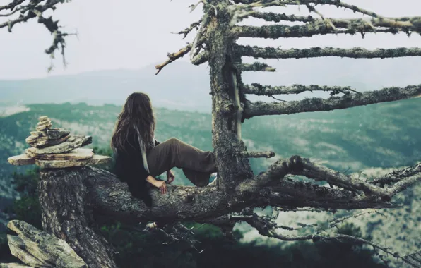 Girl, trees, nature, mood, view