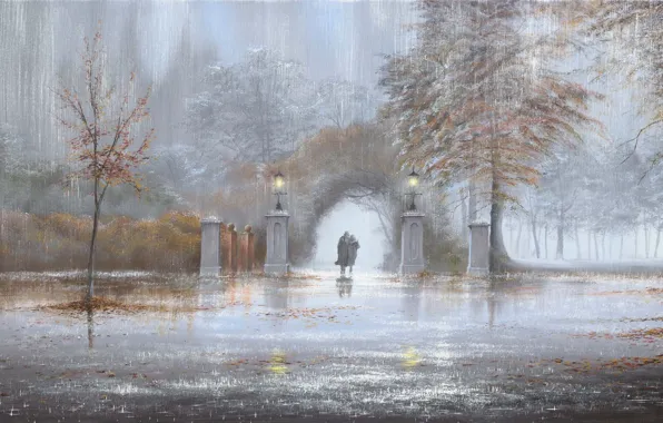 Autumn, Park, rain, picture, lights, arch, two, Jeff Rowland