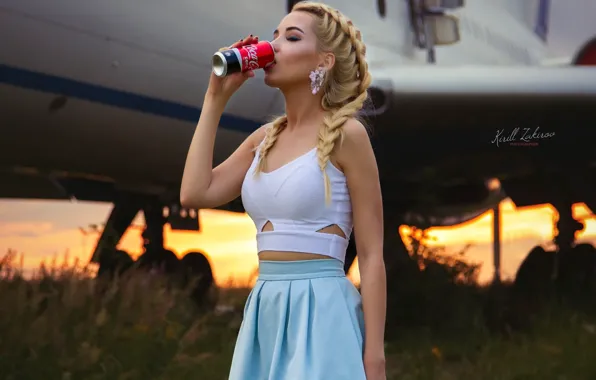 Model, the plane, Coca-Cola, braids, jar, Cyril Zakirov, Maria Romanova