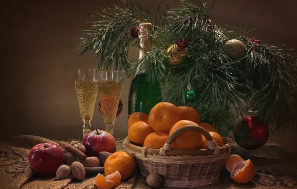 Holiday, apples, glasses, nuts, still life, cinnamon, champagne, pine