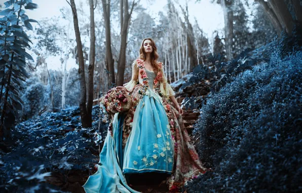 Picture forest, girl, flowers, dress, Ronny Garcia, The last flowers of the season