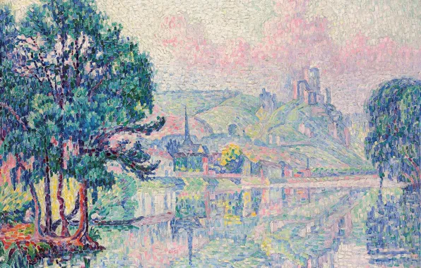 Picture landscape, river, picture, Paul Signac, pointillism, Les Andelys. Morning. Summer