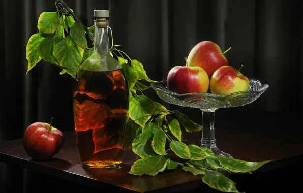 Leaves, apples, branch, juice, vase, fruit, table, bottle