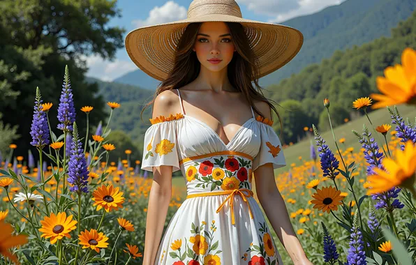 Clouds, flowers, mountains, hat, beautiful girl, digital art, digital art, summer day