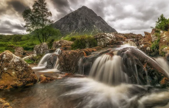 Picture trees, landscape, mountains, river, stones, stream, Scotland