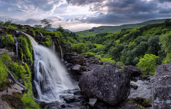 Picture greens, field, clouds, trees, mountains, stream, stones, waterfall