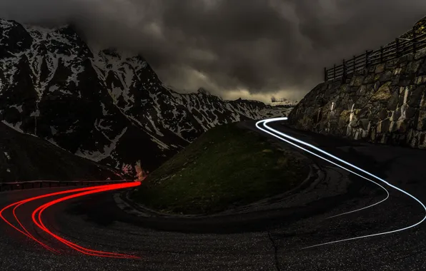 Road, clouds, mountains, night, lights, trail, hdr, Italy