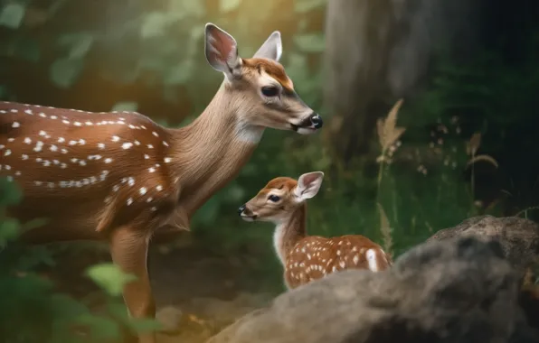 Forest, nature, stone, deer, fawn, mother, digital art, white-tailed deer
