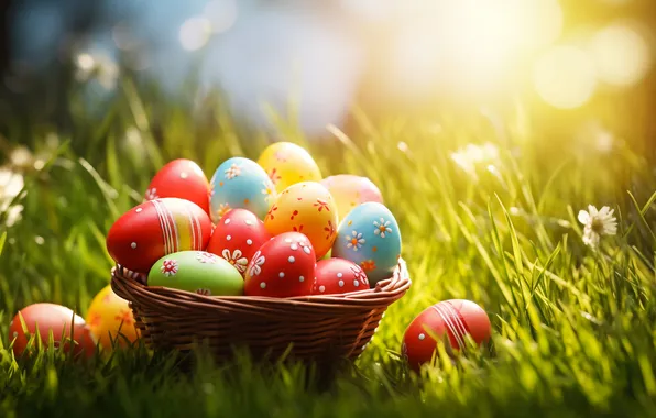 Flowers, basket, glade, eggs, spring, colorful, Easter, flowers