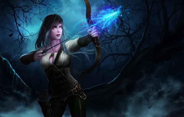 Forest, girl, night, elf, bow, arrow, World of Warcraft, Warcraft