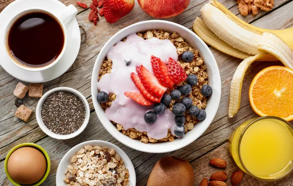 Picture berries, coffee, Breakfast, fruit, nuts, muesli, cereal