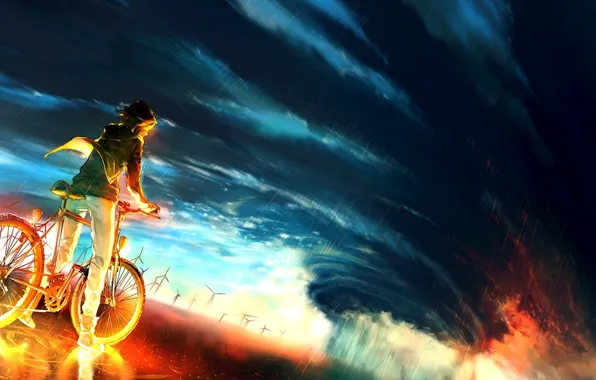 Picture the sky, bike, background, fire, storm, anime, fire, guy