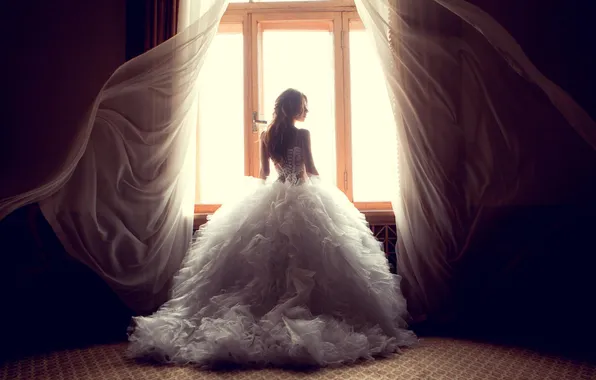 Picture light, pose, Girl, dress, window, curtains
