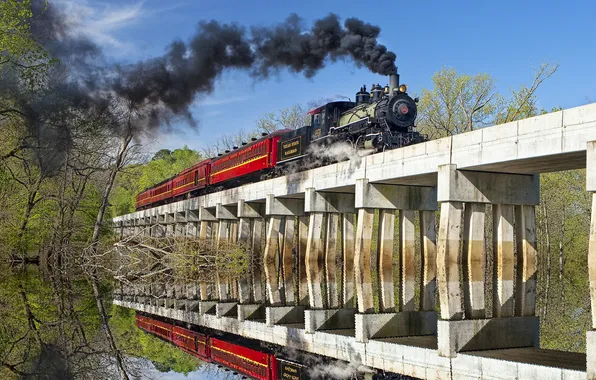 Picture the sky, trees, bridge, reflection, river, smoke, the engine, spring