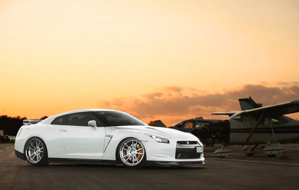 Picture white, the sky, sunset, the airplane, Nissan, GT-R, Nissan, WHITE