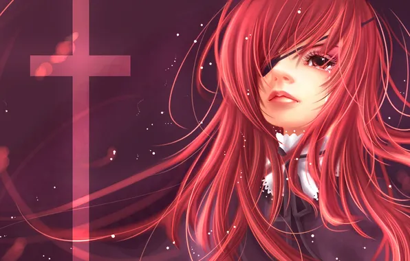 Picture cross, tear, Red, red eye, red hair, girl. headband