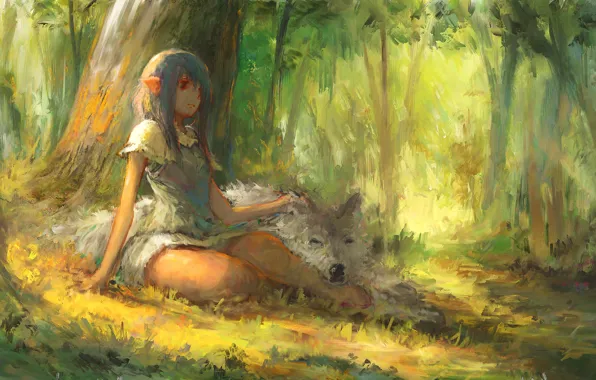 Picture forest, girl, wolf, fantasy, elf, Firando Art