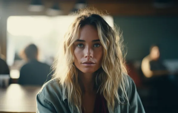 Look, girl, pose, portrait, blonde, cafe, AI art, neural network