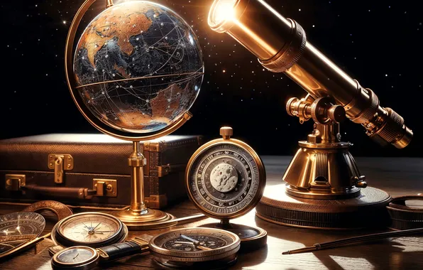 Stars, night, table, telescope, spyglass, globe, AI art, neural network