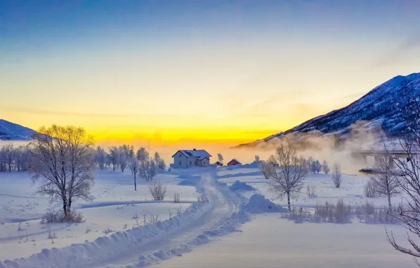 Winter, road, snow, trees, sunset, mountains, house, Norway