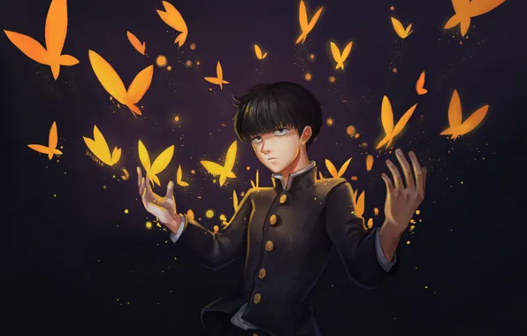 Picture butterfly, anime, art, guy, Mob Psycho 100, Kageyama Shigeo, Mob psycho 100