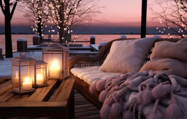 Comfort, heat, room, furniture, interior, pillow, candles, Christmas