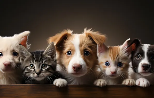 Dogs, look, cats, pose, the dark background, kitty, grey, together