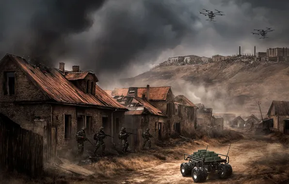 Home, The evening, Smoke, War, Soldiers, Russia, Art, Ukraine