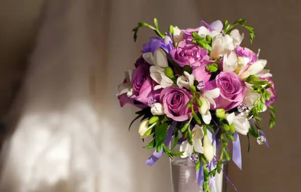 Roses, bouquet, vase, vase, roses, Bouquet, Violet Flowers, Purple flowers