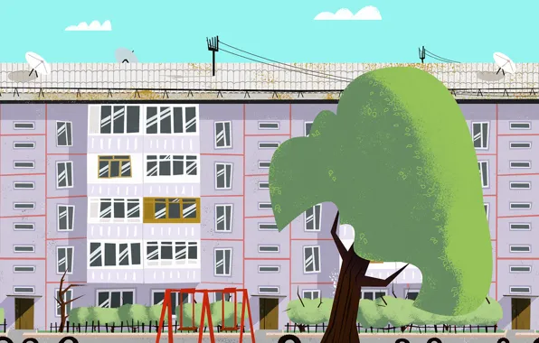 Tree, The city, House, The building, Art, Tree, Cartoon, by Andrey Syailev