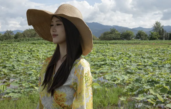 Beautiful, Asian, Model, Water, Smile, Woman, Hat, Cloud