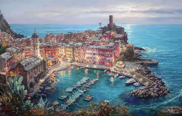 Picture the city, home, boats, pier, Italy, Cathedral, moonlight, painting