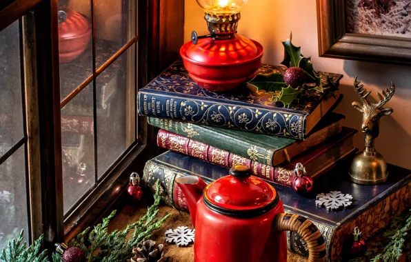 Balls, snowflakes, branches, books, lamp, kettle, window, Christmas