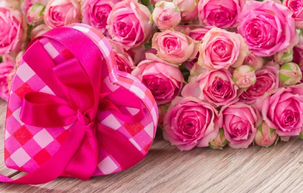 Flowers, roses, heart, petals, pink roses