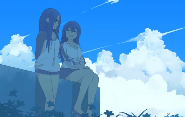 Picture blue, anime, art, girl, sitting, friend