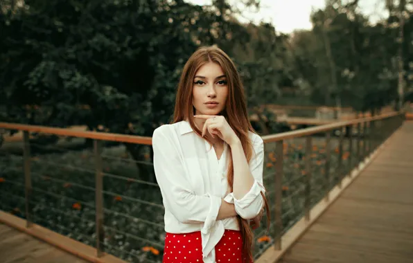 Trees, Girl, red, Dmitry Sedykh