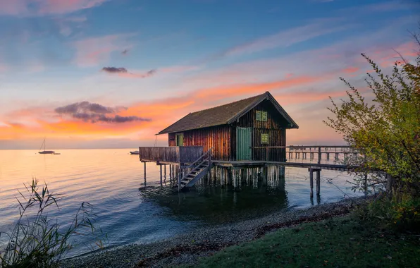 The sky, clouds, branches, house, blue, dawn, shore, morning