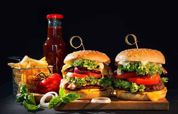 Greens, cheese, bow, vegetables, tomatoes, sauce, hamburger, Patty