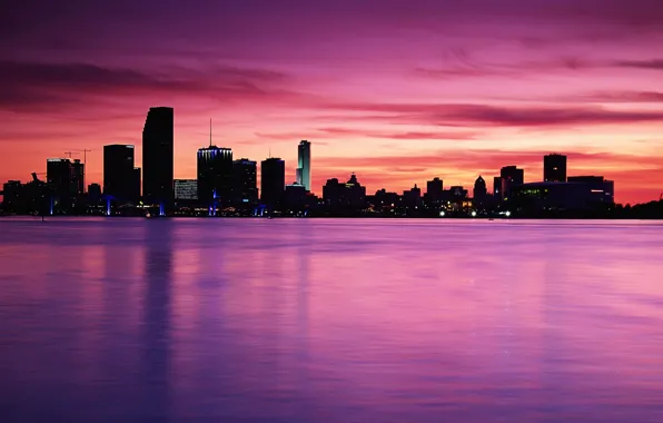 Picture sea, the sky, water, the city, river, Shine, building, pink