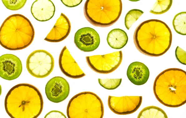 White, background, lemon, orange, kiwi, citrus, lemon, fruit