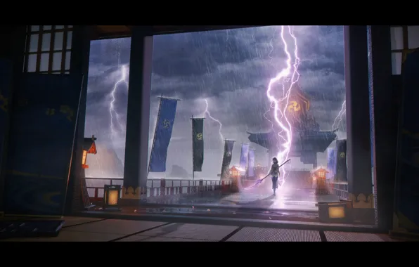 Girl, rain, zipper, fantasy, flags, Genshin Impact, Raiden Shogun, naginata