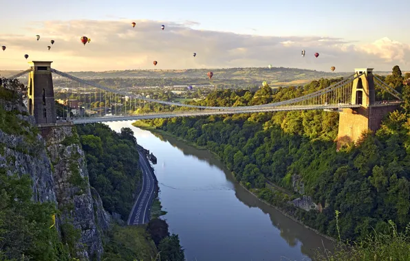Bridge, balloon, river, tower