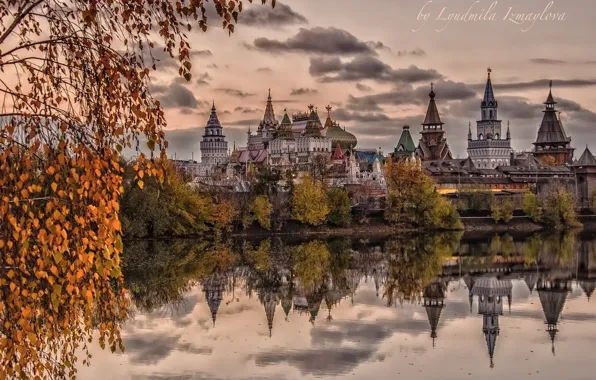 Picture autumn, water, trees, pond, reflection, Moscow, temple, Russia