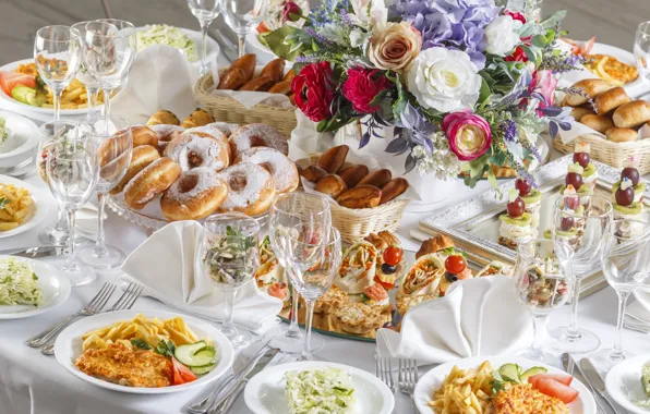 Picture flowers, table, meat, donuts, potatoes, serving, cuts, snacks