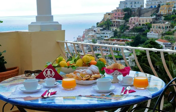 Food, Breakfast, juice, Italy, balcony, fruit, buns, Positano
